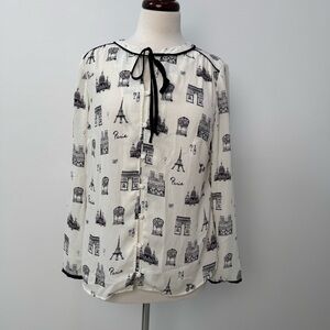 Talbots Paris Print Tie-Neck Blouse - White/Black size small womens